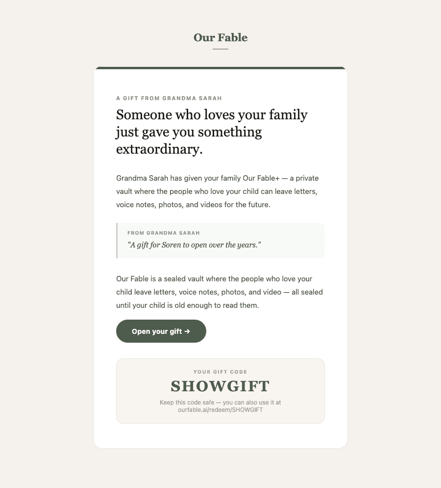 Preview of the Our Fable gift email