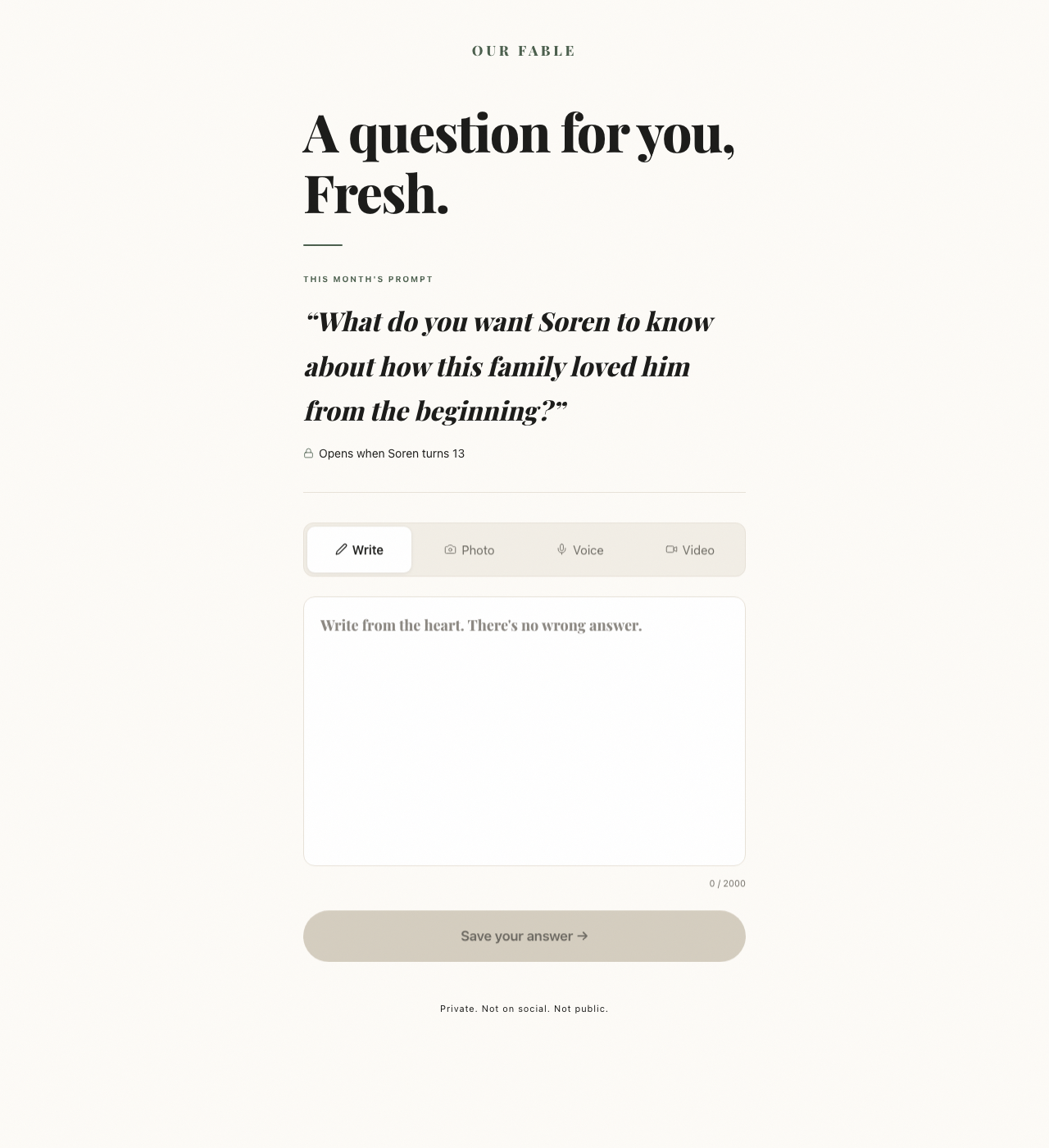 Real contributor response screen from Our Fable